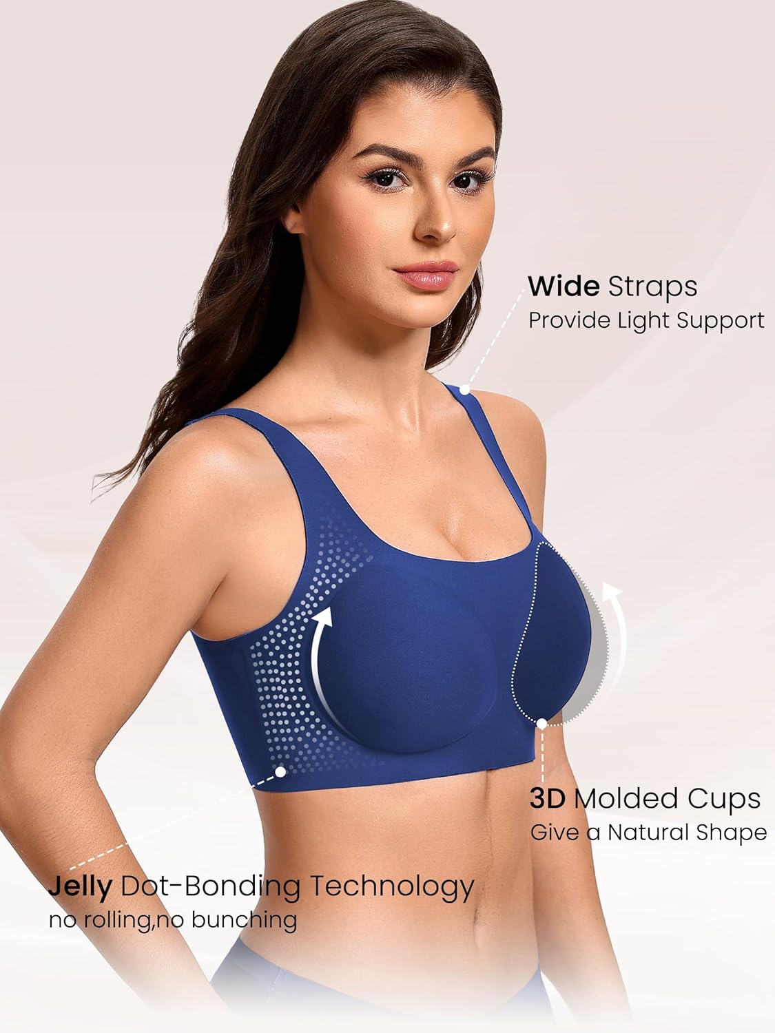 Wireless jelly bra with wide straps, seamless molded cups, royal blue