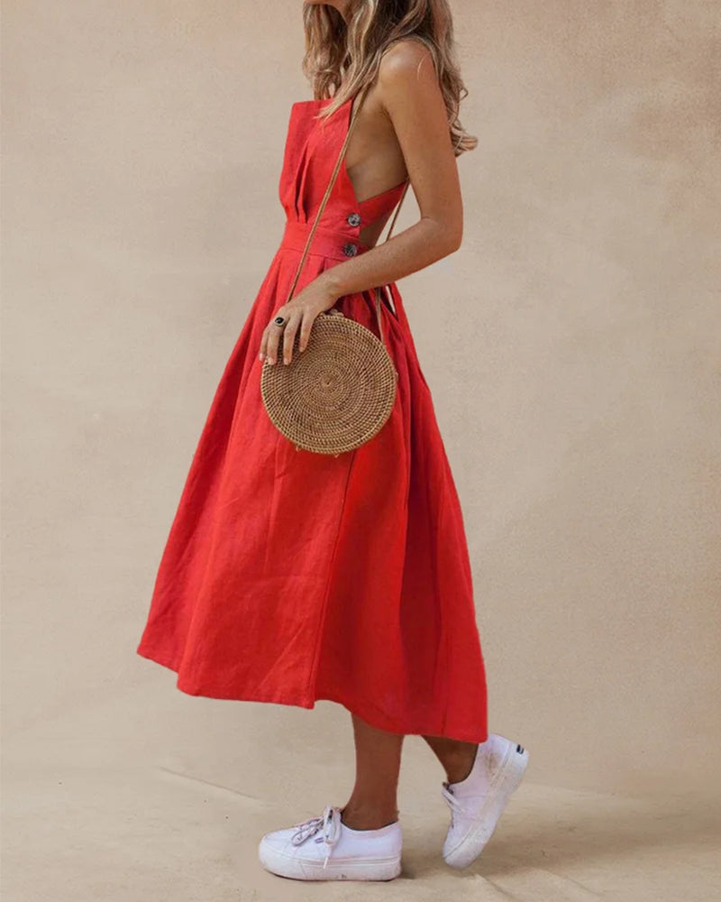 Red strap-button waist pleated midi dress, sleeveless with button detail at waist