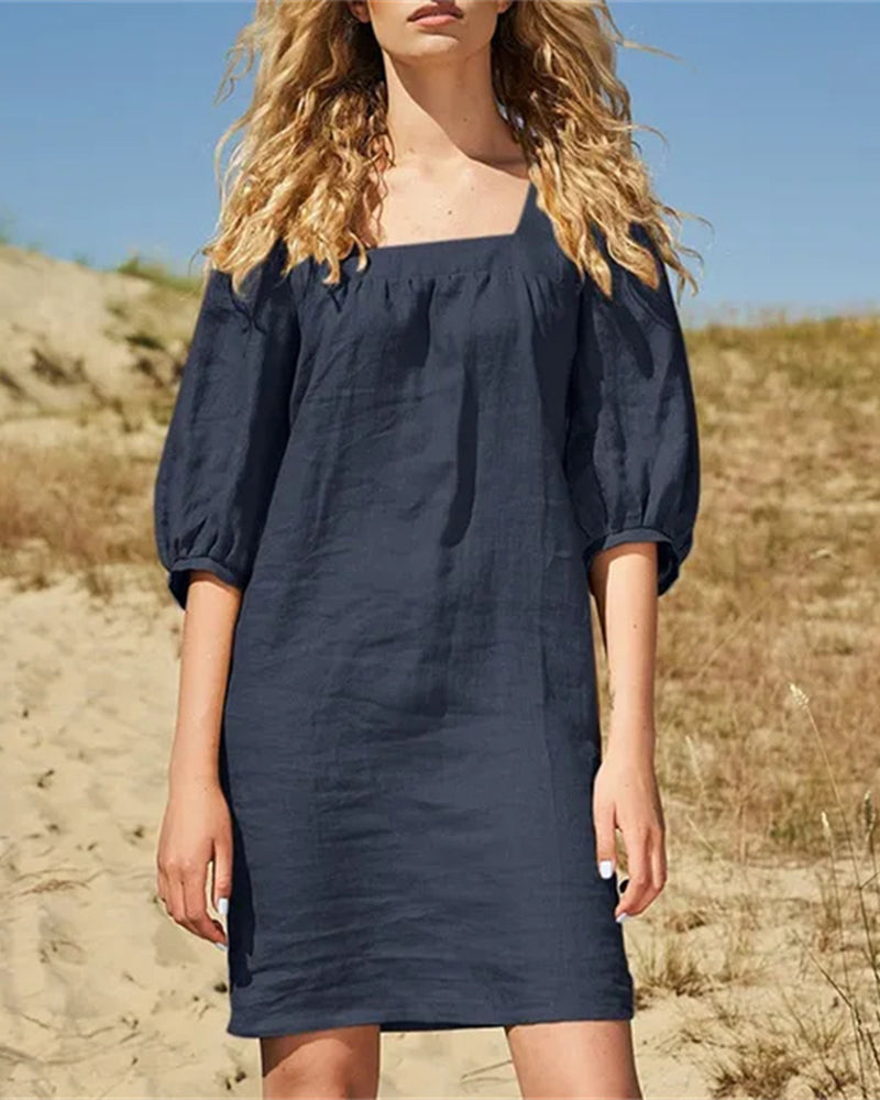 Navy blue square-neck casual dress, gathered yoke, three-quarter puff sleeves