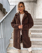 Brown plush faux fur coat, long button-front with hooded collar and side pockets