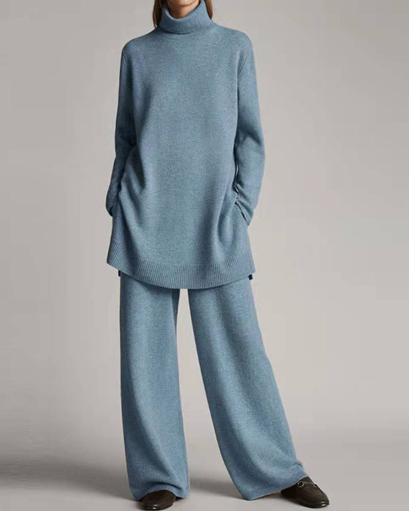 Blue turtleneck sweater top with wide-leg pants set, long sleeves