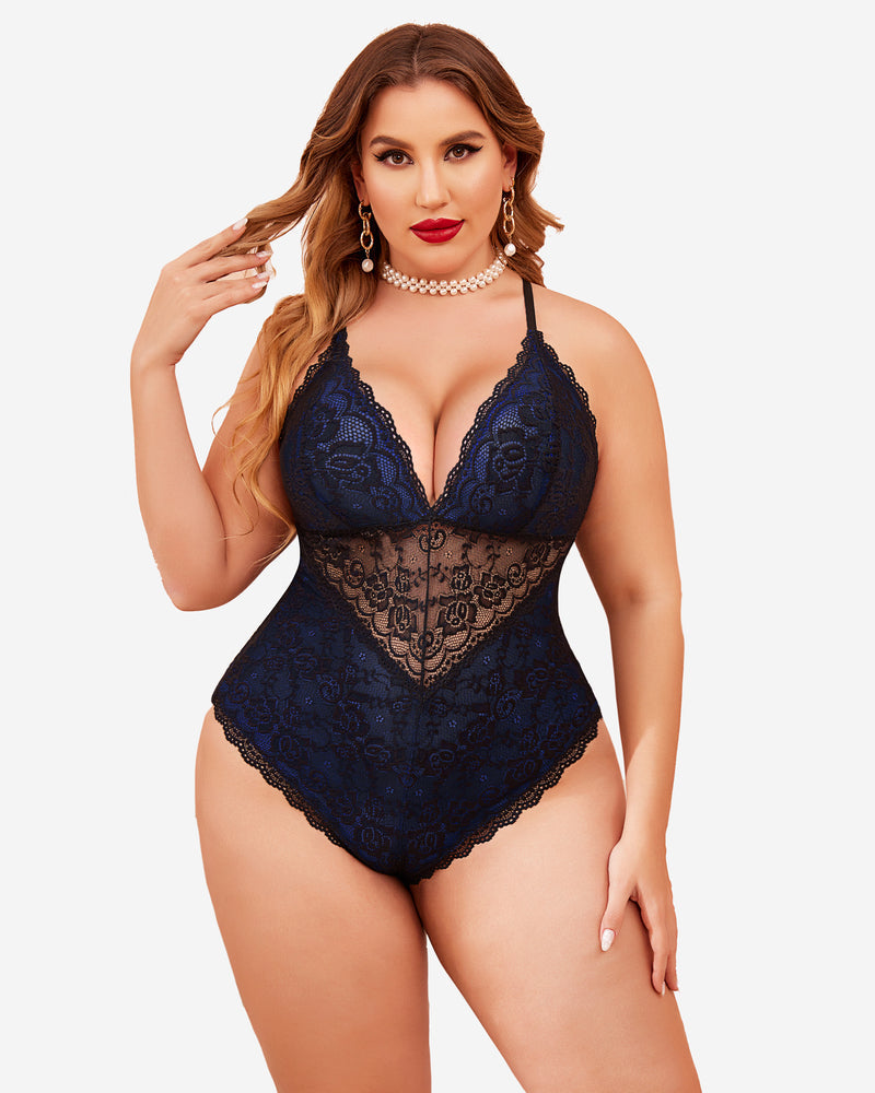 Dark blue contrast lace snap-crotch teddy one-piece with V-neck and lace overlay