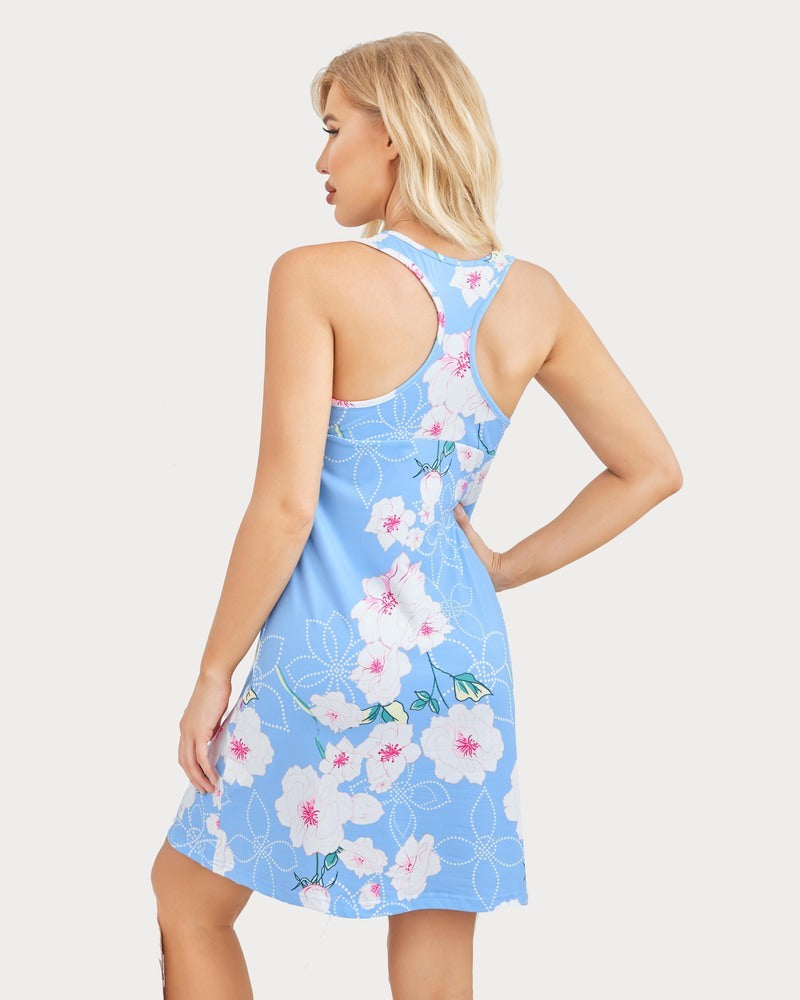 Racerback printed sleep dress, back view in light blue with pink floral pattern