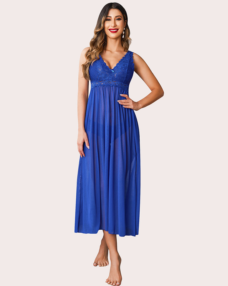 Royal blue lace V-neck chemise with gathered bust and pleated skirt.