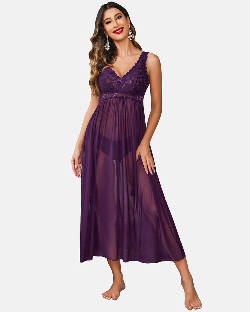 Purple lace mesh V-neck chemise with lace bodice and gathered waist