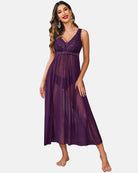 Purple lace mesh V-neck chemise with lace bodice and gathered waist