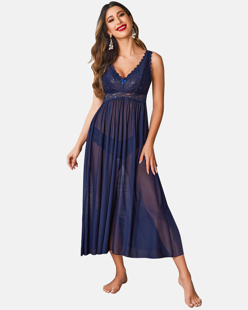 Navy blue lace mesh V-neck chemise with lace bodice and flowing sheer skirt