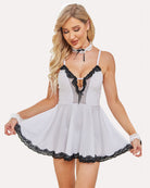 White maid dress with black lace trim, scalloped choker, sheer keyhole neckline, flared short skirt