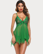 Green lace babydoll lingerie with tie-front plunge neckline and ruffled sheer hem