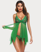 Green lace babydoll lingerie with open midriff tie detail and flowing ruffled skirt