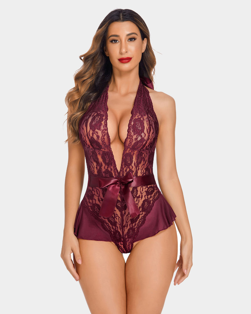 Burgundy lace halter V-neck lingerie one-piece with satin front ribbon and sheer hem