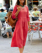 Red loose cotton linen beach dress with V-neck, 3/4 sleeves, and gathered waist