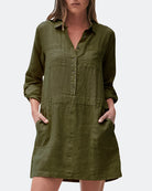 Army green cotton-linen midi shirt dress, button front, collar, flap pockets, rolled sleeves