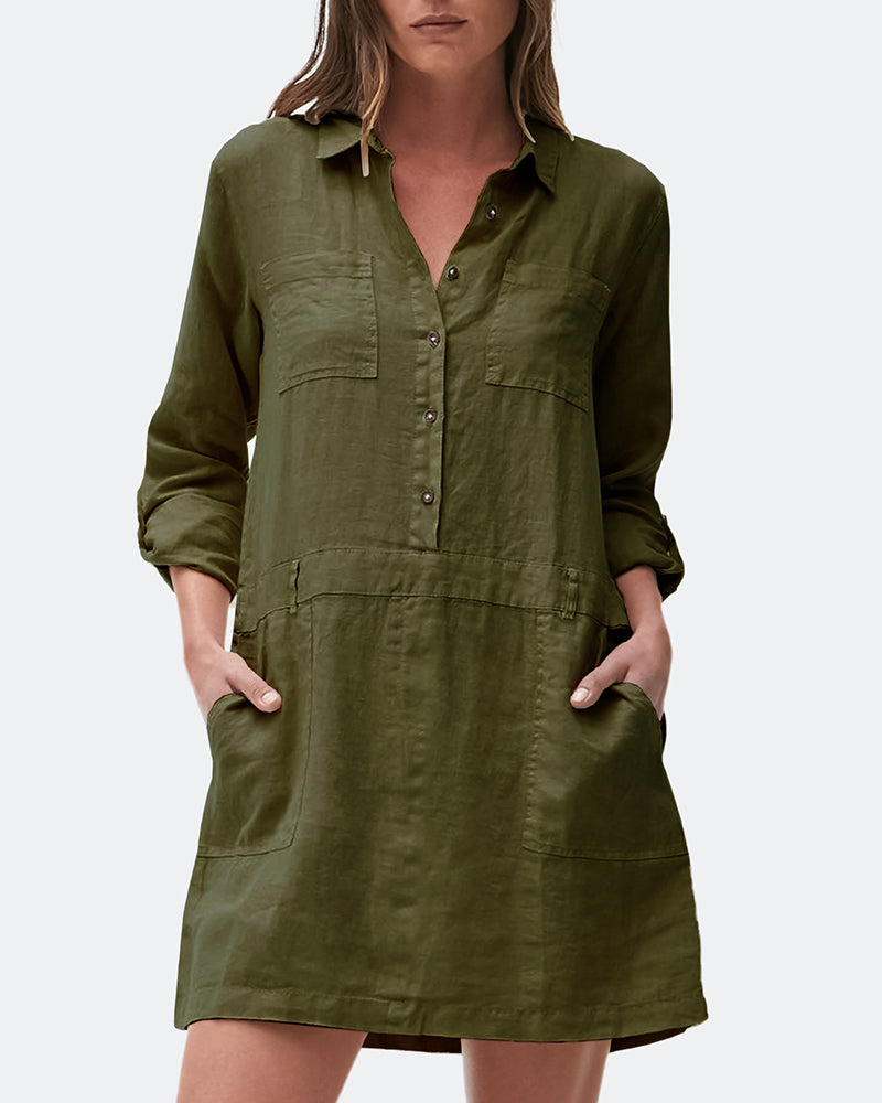 Army green cotton-linen midi shirt dress, button front, collar, flap pockets, rolled sleeves
