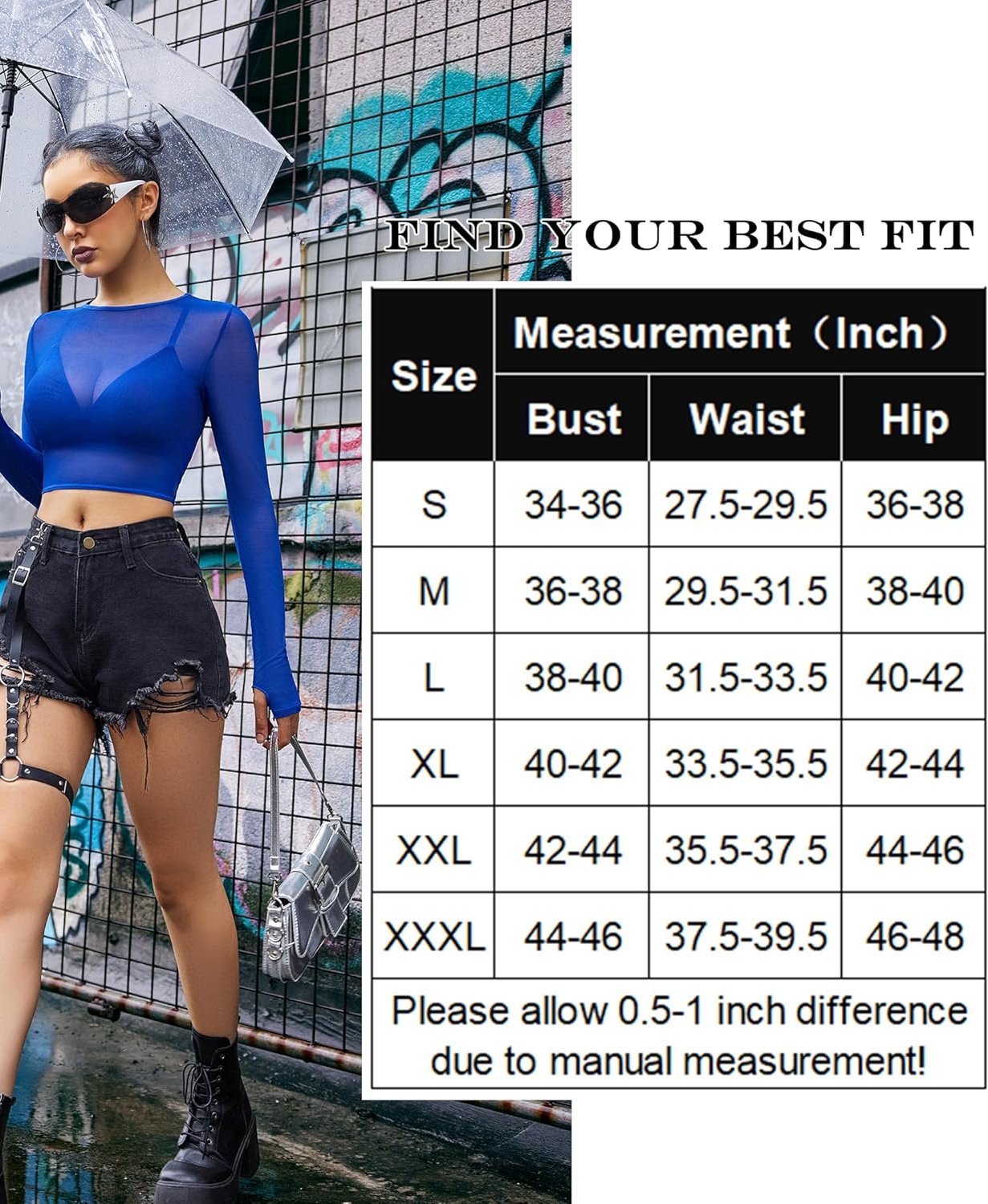 Crop top bra and panty set: blue sheer long-sleeve crop bra