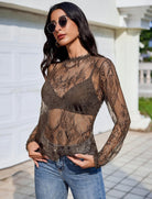 Brown sheer lace long-sleeve top with high neck and floral mesh pattern