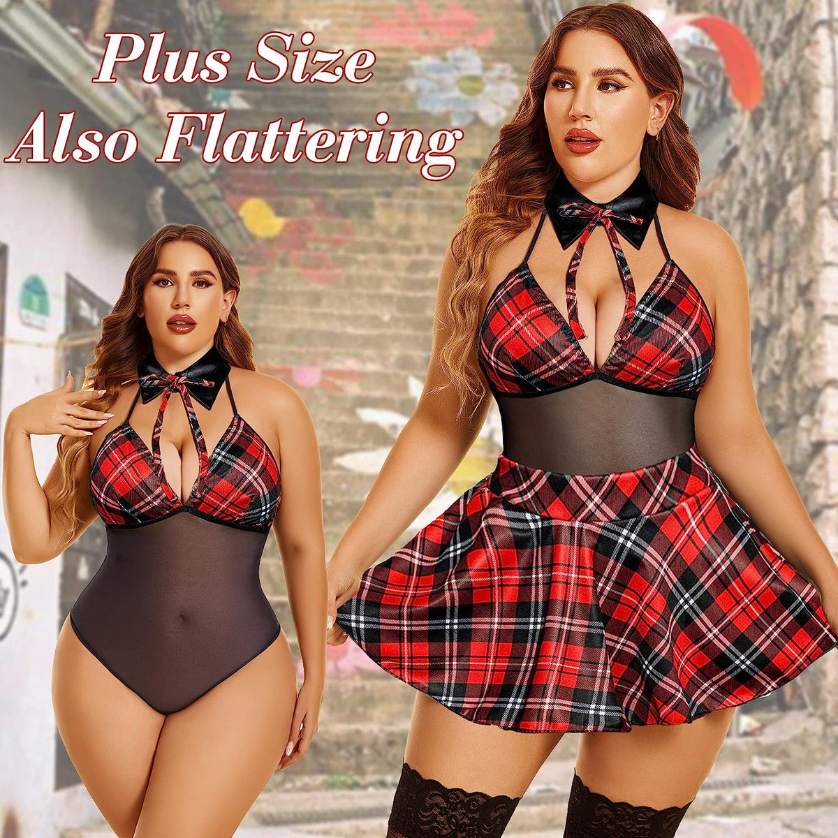 Red plaid halter snap-crotch dress with black mesh bodice, white collar bow, skirt