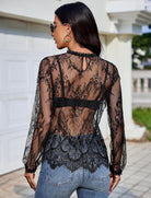 Black sheer lace long-sleeve top, open-back keyhole, floral mesh pattern