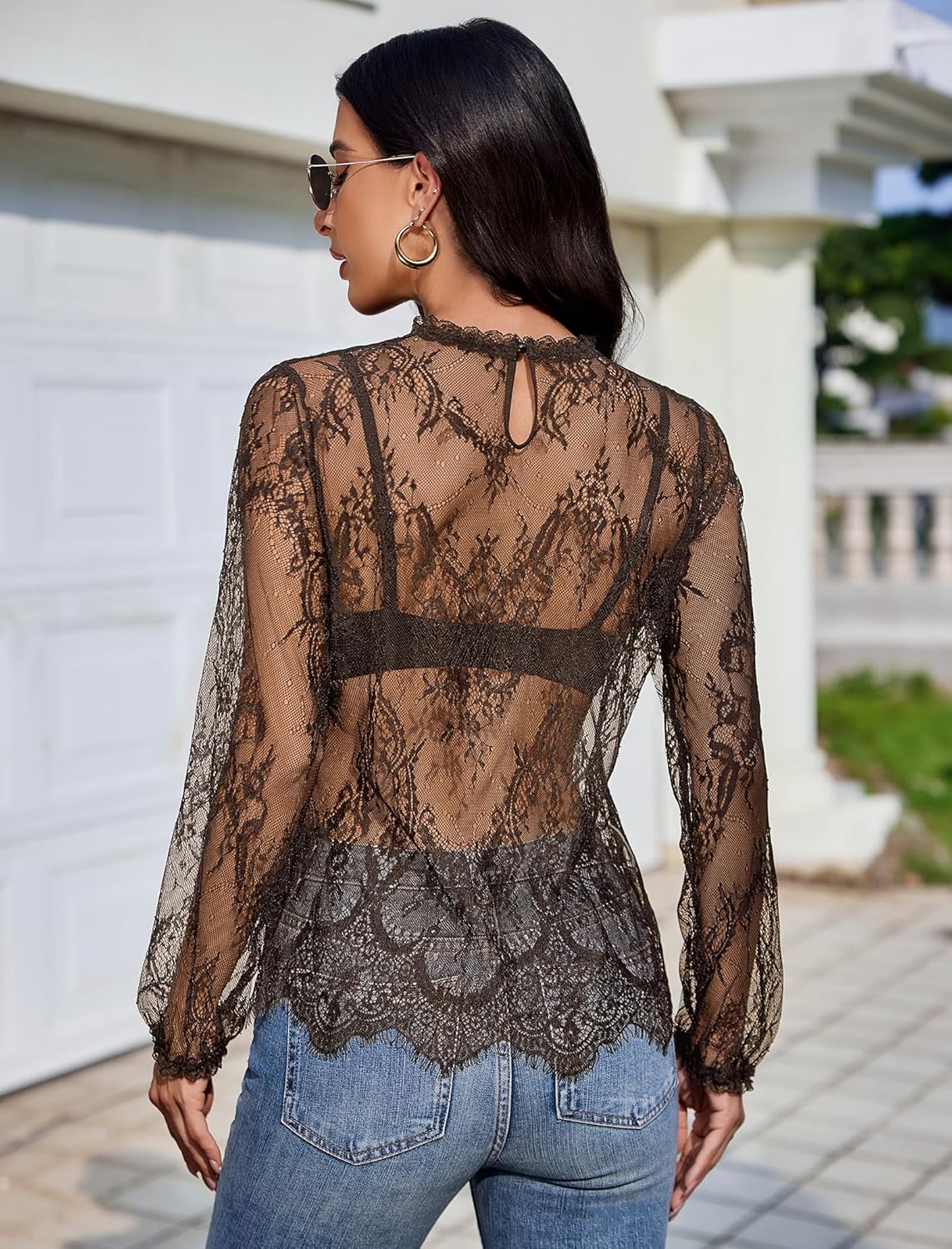 Floral lace mesh top with long sleeves and sheer back detail, dark tone