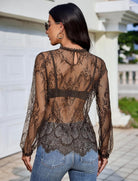 Floral lace mesh top with long sleeves and sheer back detail, dark tone