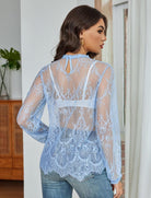 Floral lace mesh top with long sleeves, sheer light blue lace back