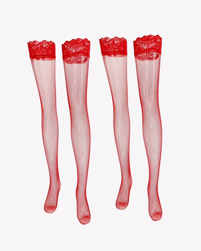 Red fishnet high stockings with lace ruffle tops, multiple pairs shown
