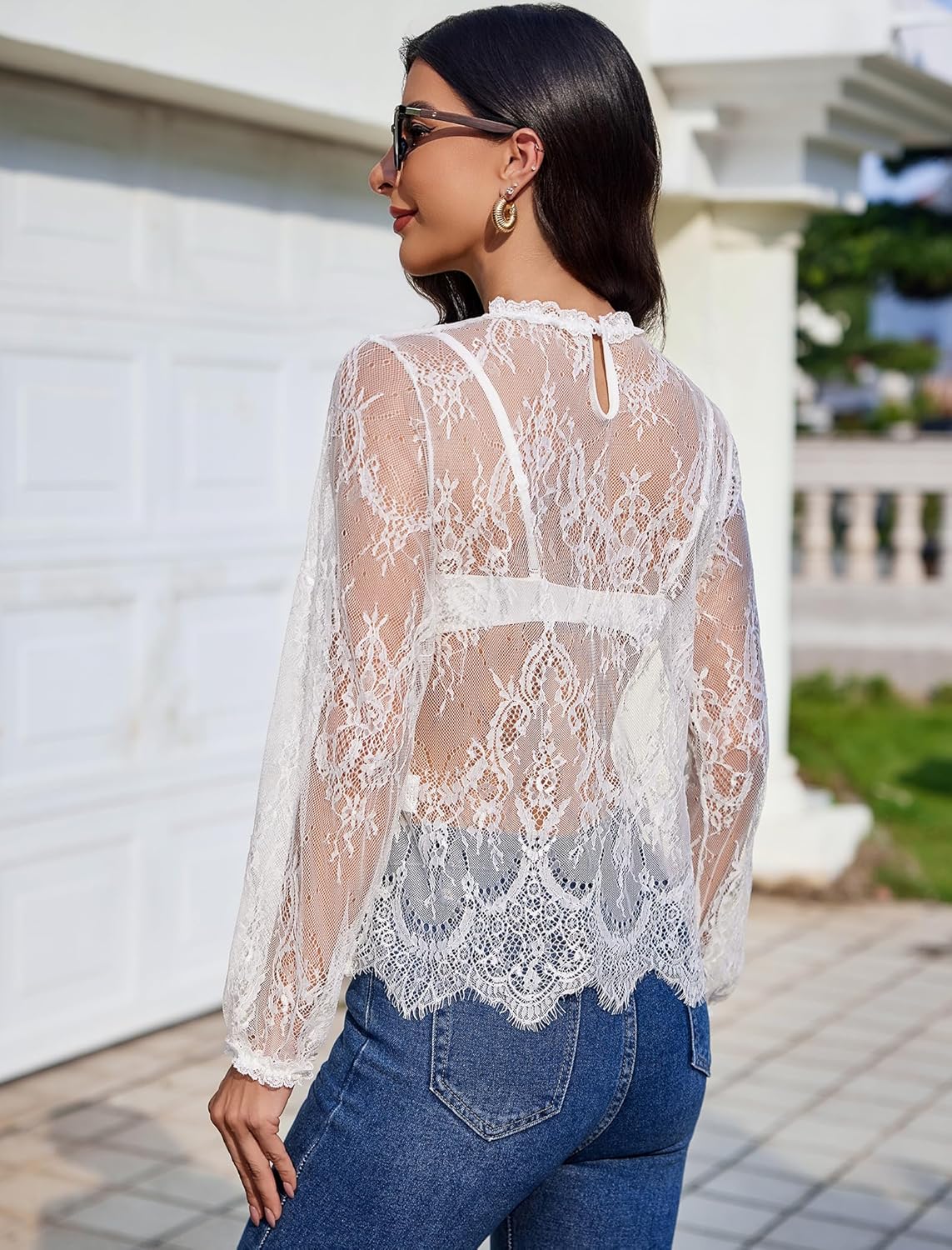 Sheer long-sleeve lace mesh top with floral pattern, high neck keyhole back