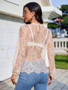 Sheer long-sleeve lace mesh top with floral pattern, open keyhole back detail
