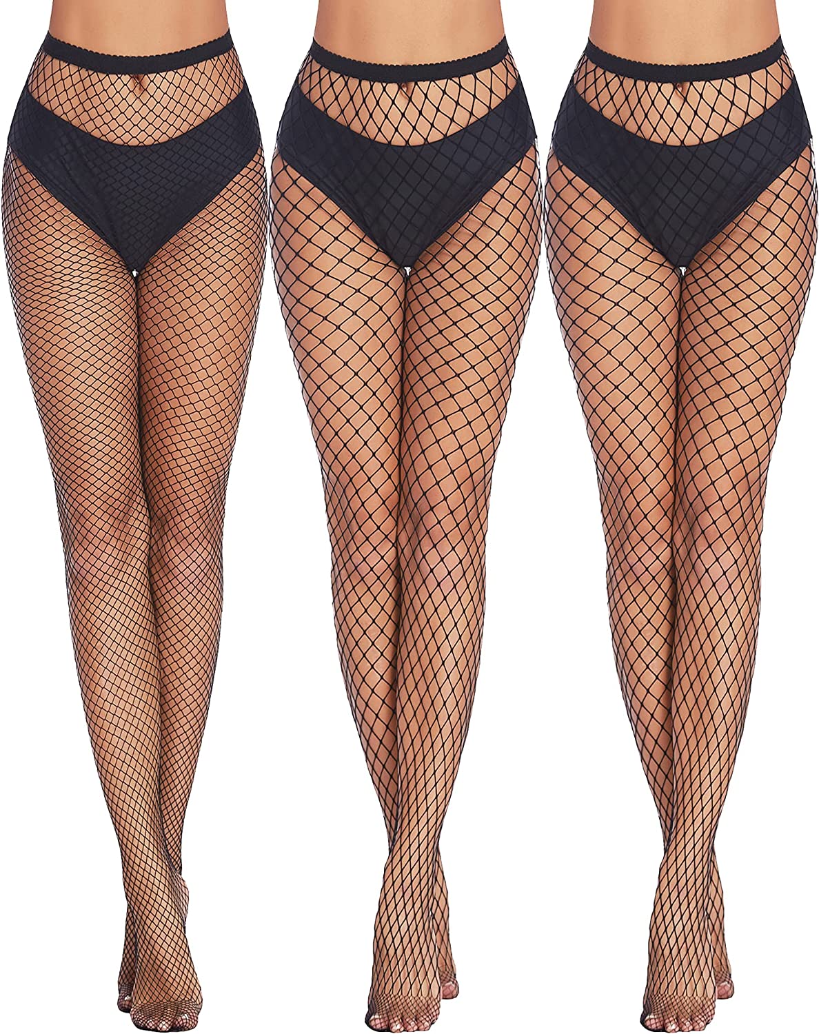 Black fishnet stockings with diamond net pattern and wide top band