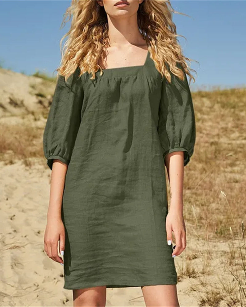 Army green square-neck casual dress with gathered yoke and three-quarter puff sleeves