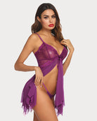 Purple lace babydoll lingerie with lace cups and bow tie, open midriff back