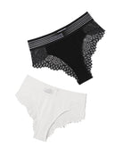 Lace hipster panties in black and white with striped waistband and scalloped lace.