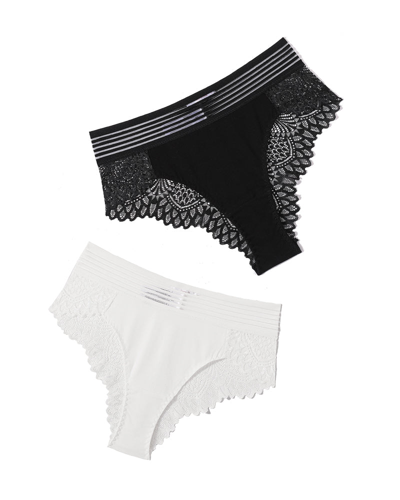 Lace hipster panties in black and white with striped waistband and scalloped lace.