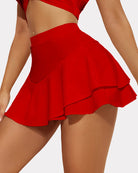 Two-layer ruffle hem skirt, red flared A-line with layered hem