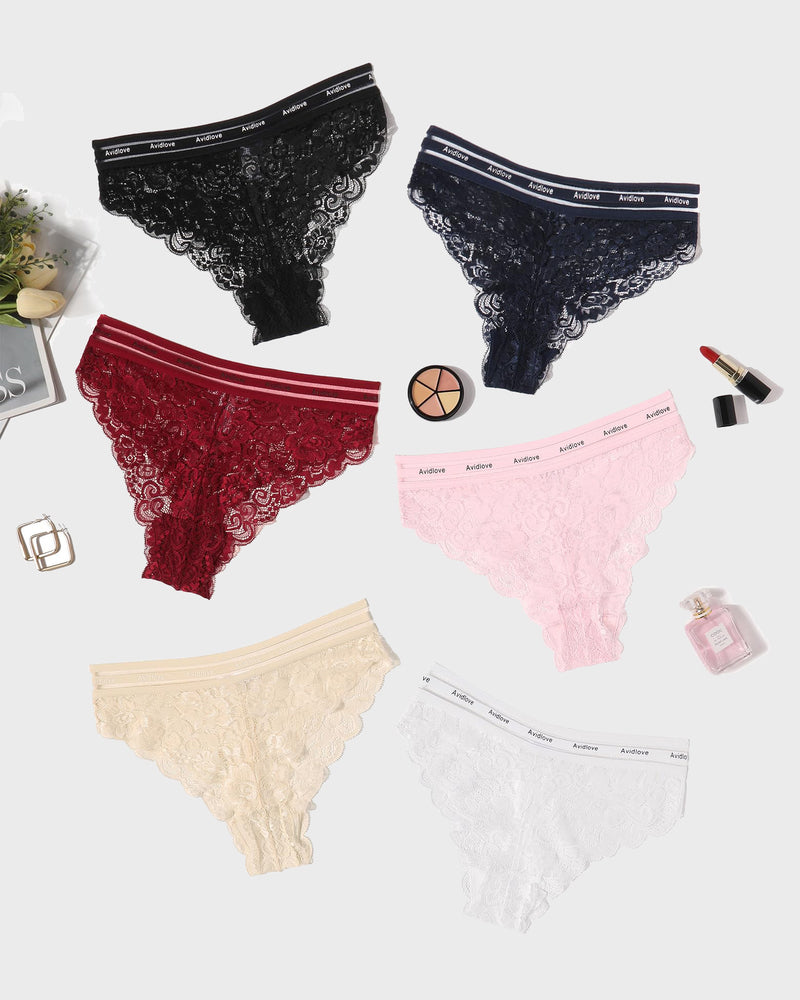 Floral lace hipster panties set: black, navy, burgundy, blush pink, beige, and white