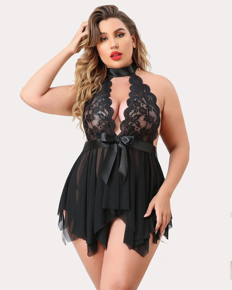 Black lace teddy babydoll with plunge neckline, tie bow, and layered sheer skirt