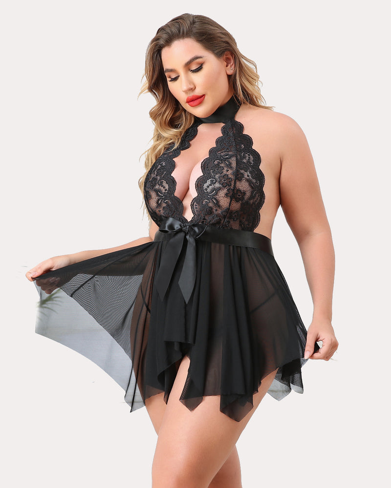Black lace high-waist teddy babydoll with sheer layered skirt and center bow