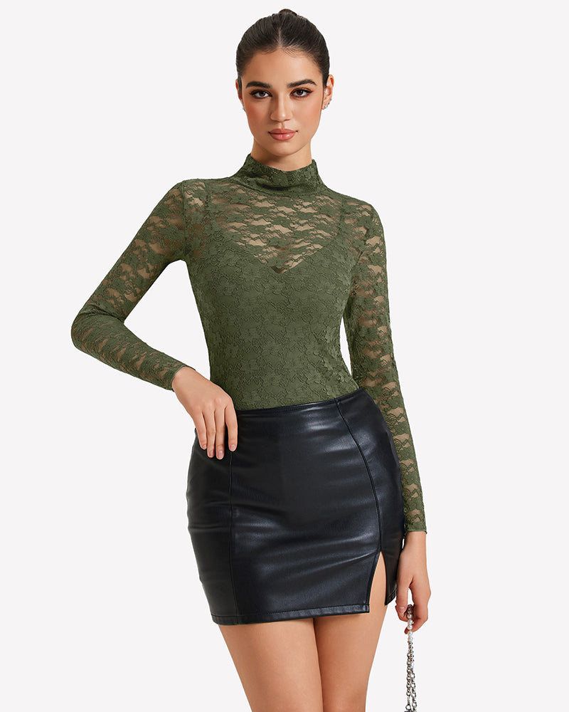 Long-sleeve lace bodysuit with high neckline, olive green lace top