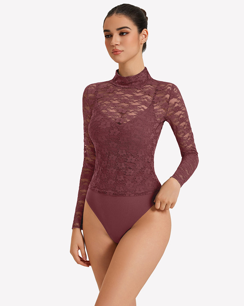 Long-sleeve lace bodysuit with high neckline, burgundy sheer lace bodysuit
