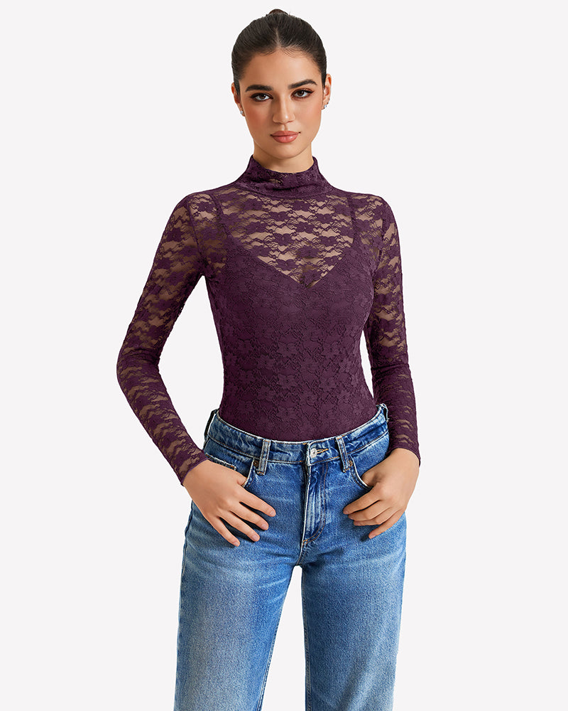 Long-sleeve lace bodysuit with high neck, lace overlay V detail, dark purple