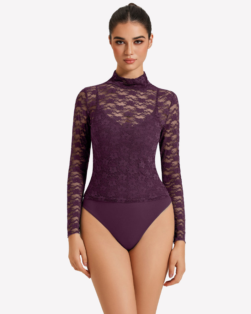 Long-sleeve lace bodysuit with high neck and thong cut, dark purple tone