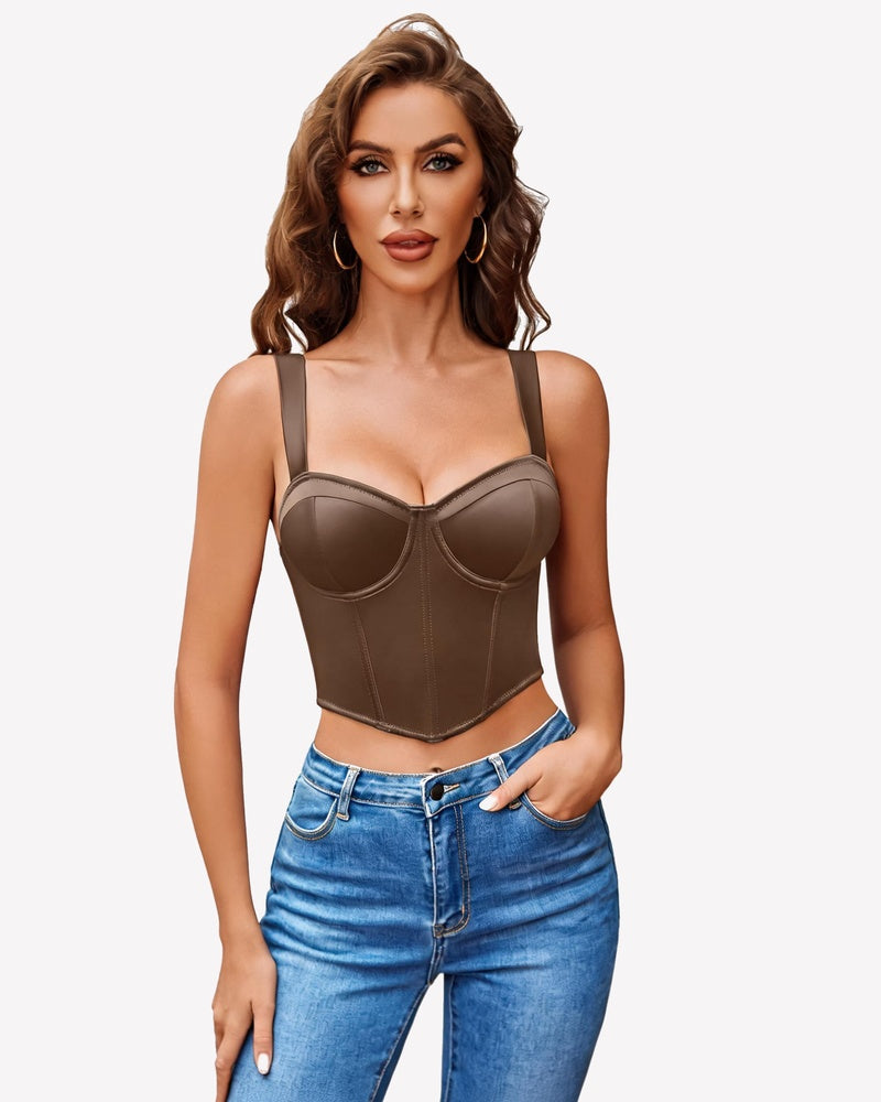 Black corset bustier crop top with underwire cups and thin adjustable straps