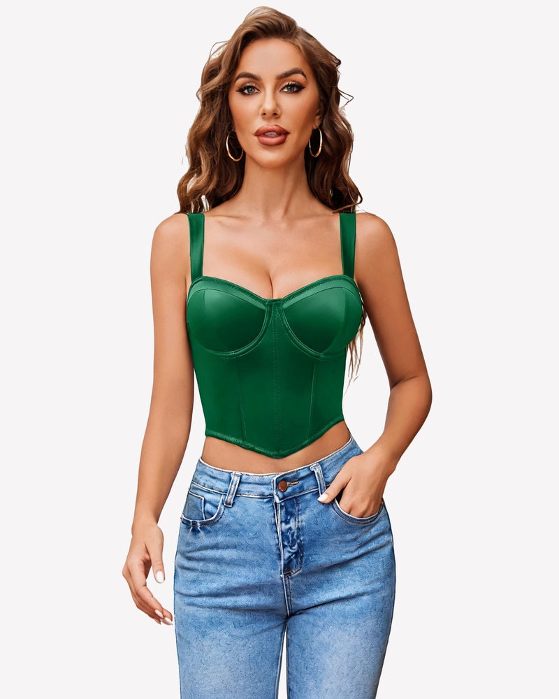 Green corset bustier crop top with underwire cups and thin adjustable straps