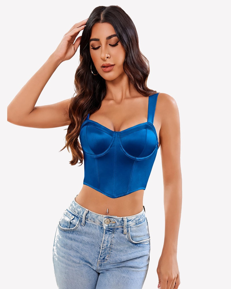 Blue corset bustier crop top with underwire cups and thin adjustable straps