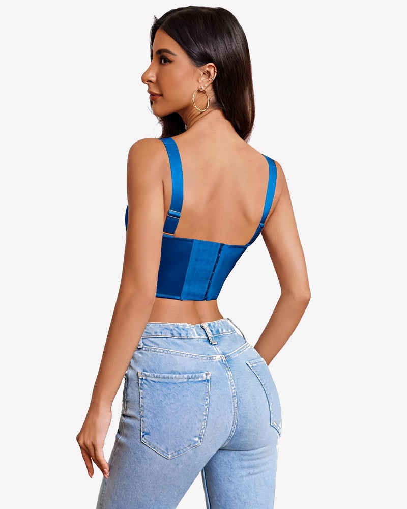 Back view of blue corset bustier crop top with thin adjustable straps