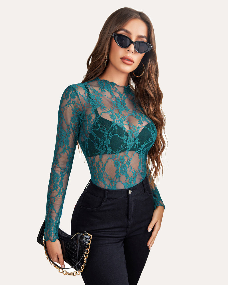 Teal sheer lace long-sleeve peplum blouse with floral lace texture and high neckline