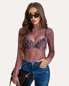 Purple sheer lace long-sleeve peplum blouse with floral lace overlay and round neckline