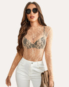 Nude sheer floral lace blouse with long sleeves and high neckline