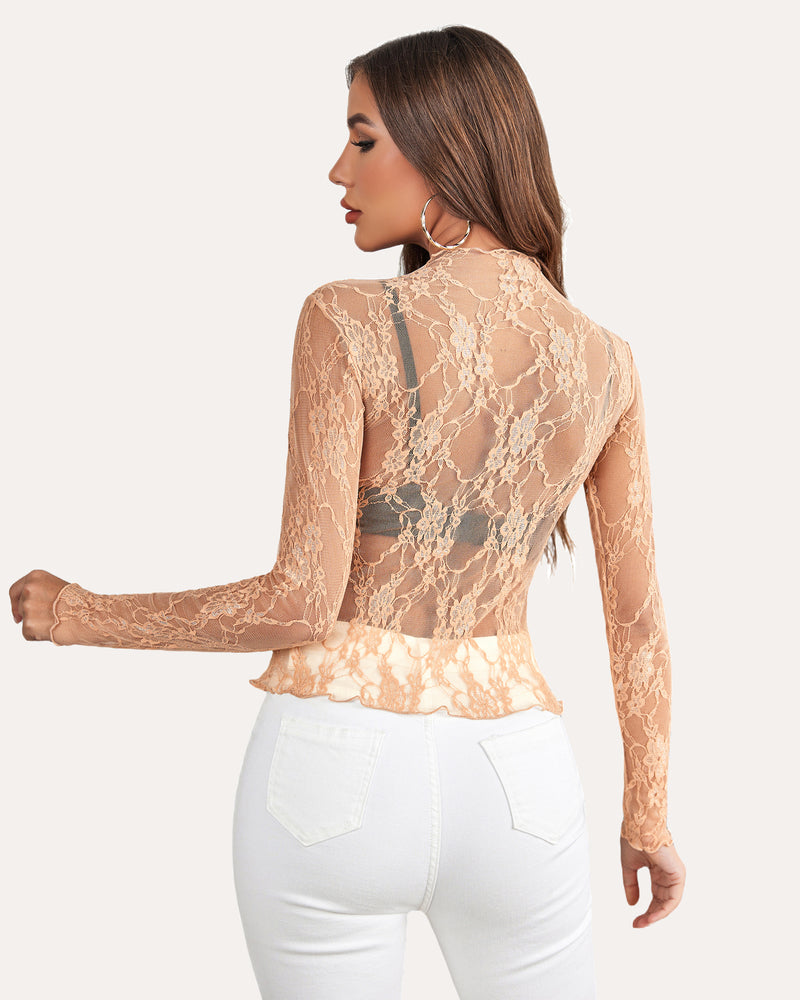 Nude sheer floral lace blouse with long sleeves, back view, curved hem