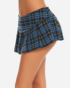 Blue plaid mini skirt with layered pleats and side panel detail